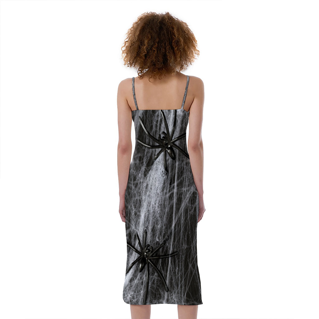 Toy Spiders And Cobweb Print Slim Fit Midi Cami Dress