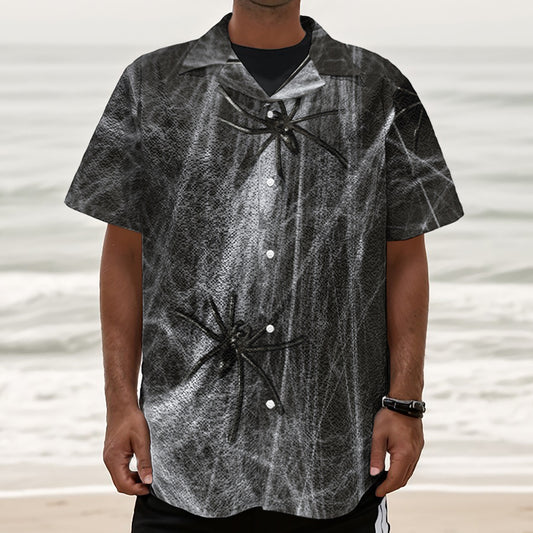 Toy Spiders And Cobweb Print Textured Short Sleeve Shirt