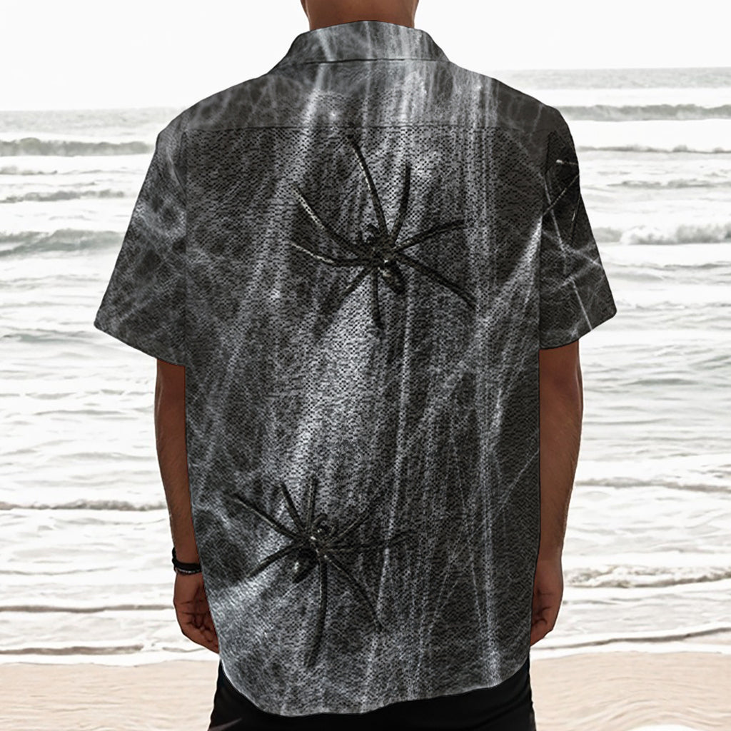 Toy Spiders And Cobweb Print Textured Short Sleeve Shirt