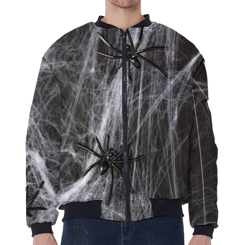 Toy Spiders And Cobweb Print Zip Sleeve Bomber Jacket