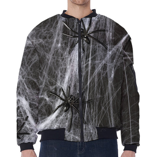 Toy Spiders And Cobweb Print Zip Sleeve Bomber Jacket