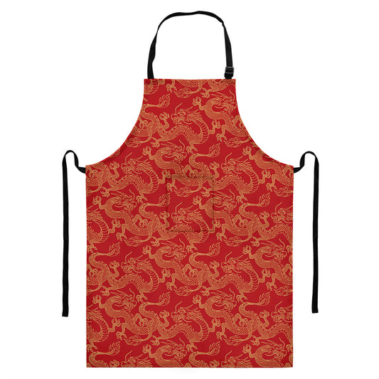 Traditional Chinese Dragon Pattern Print Bib Apron With Pocket