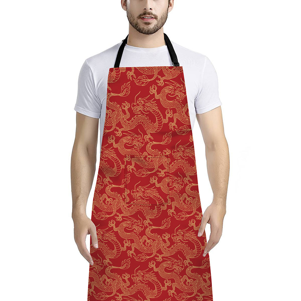 Traditional Chinese Dragon Pattern Print Bib Apron With Pocket
