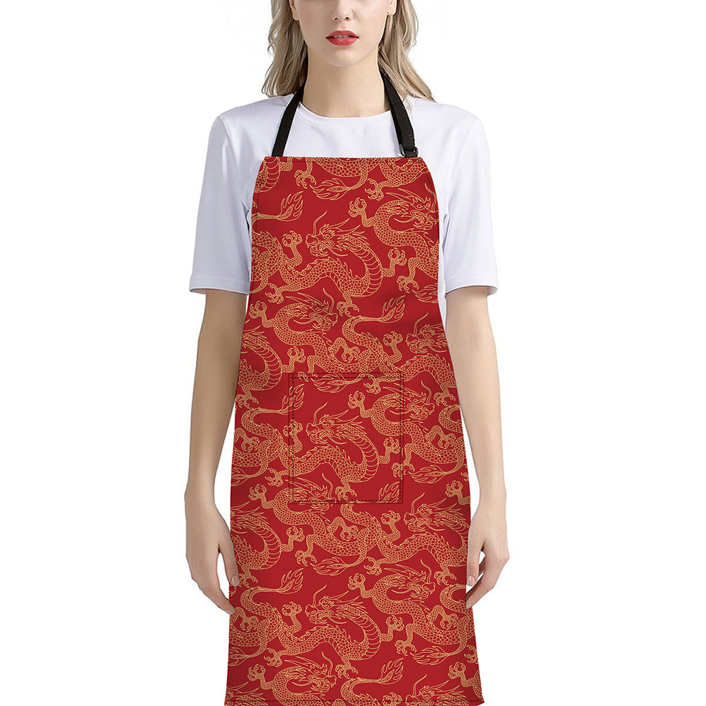 Traditional Chinese Dragon Pattern Print Bib Apron With Pocket