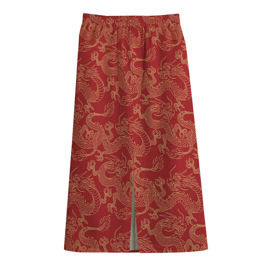 Traditional Chinese Dragon Pattern Print Cotton Front Slit Maxi Skirt