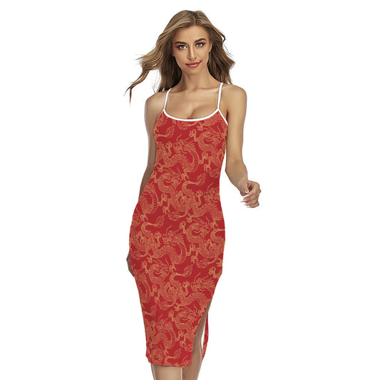 Traditional Chinese Dragon Pattern Print Cross Back Cami Dress