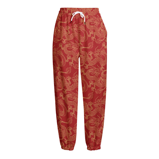 Traditional Chinese Dragon Pattern Print Fleece Lined Knit Pants
