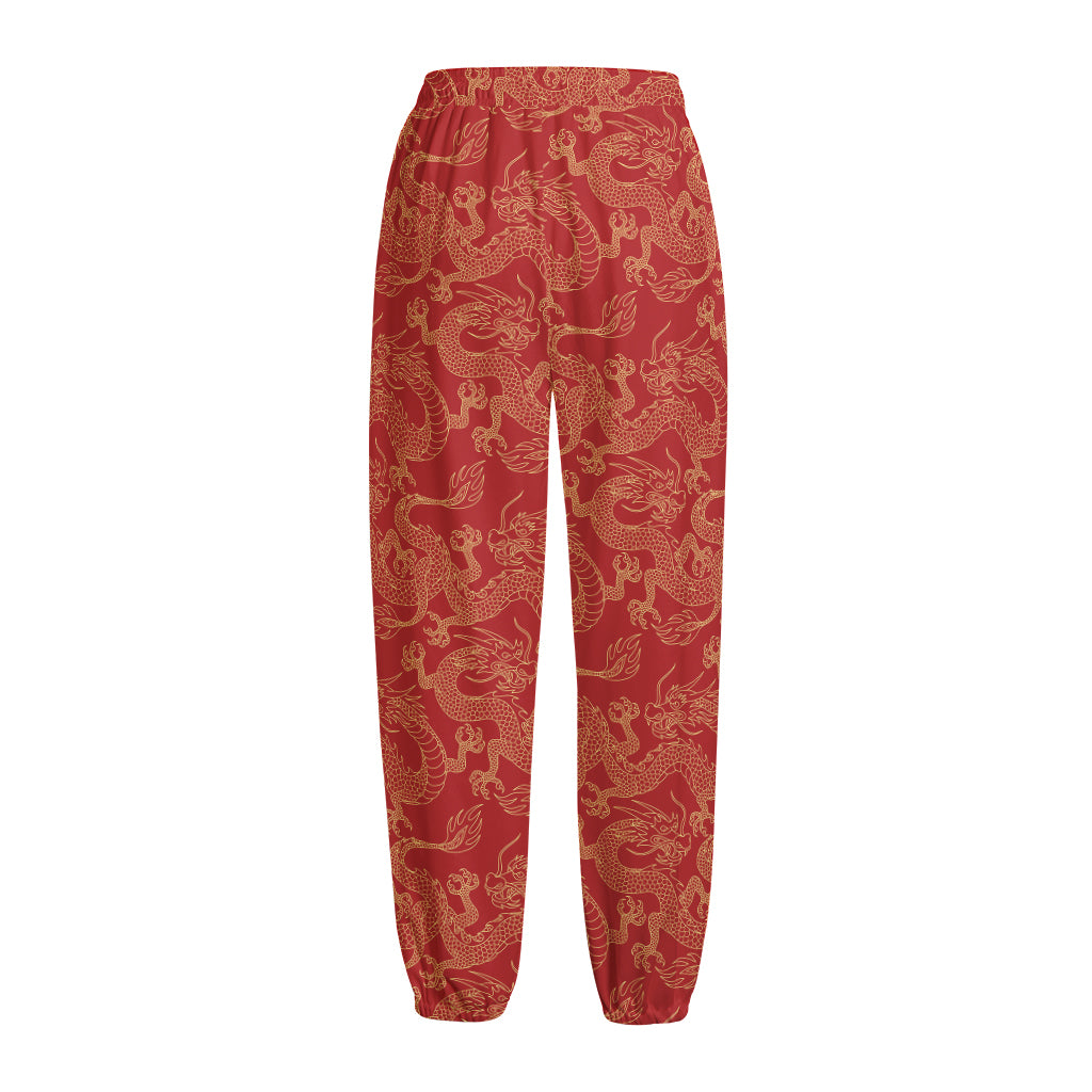 Traditional Chinese Dragon Pattern Print Fleece Lined Knit Pants