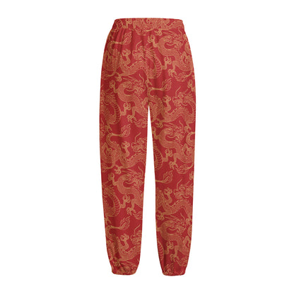 Traditional Chinese Dragon Pattern Print Fleece Lined Knit Pants