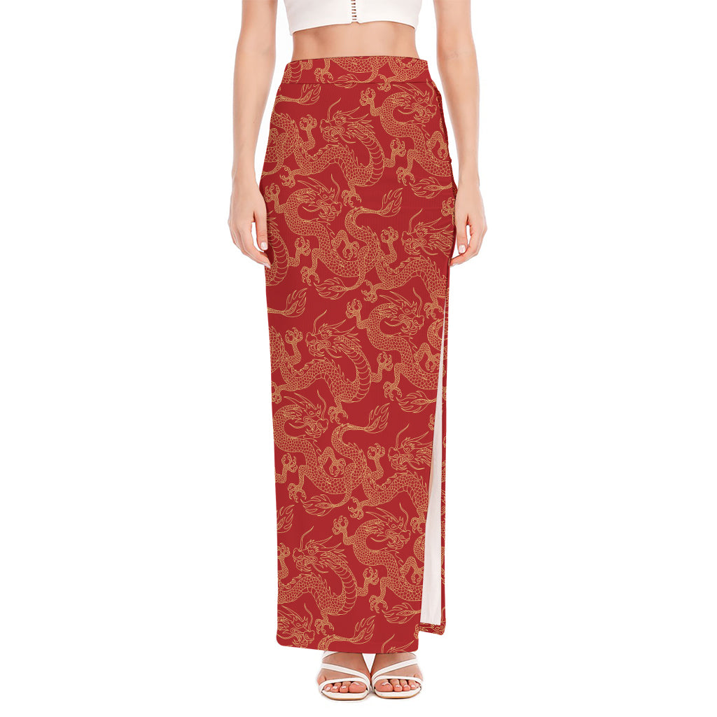 Traditional Chinese Dragon Pattern Print High Slit Maxi Skirt