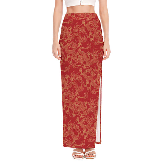Traditional Chinese Dragon Pattern Print High Slit Maxi Skirt