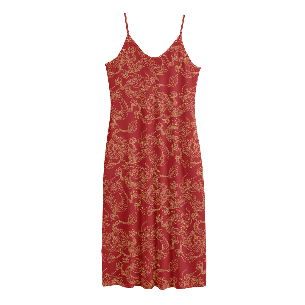 Traditional Chinese Dragon Pattern Print Jersey Midi Cami Dress