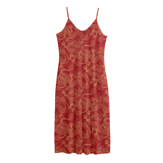 Traditional Chinese Dragon Pattern Print Jersey Midi Cami Dress