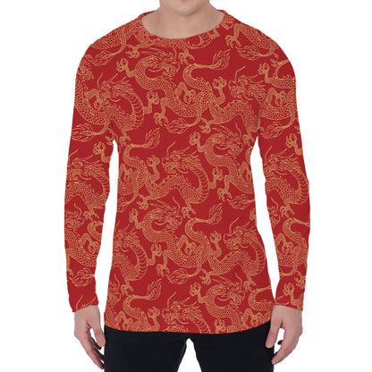 Traditional Chinese Dragon Pattern Print Men's Long Sleeve T-Shirt