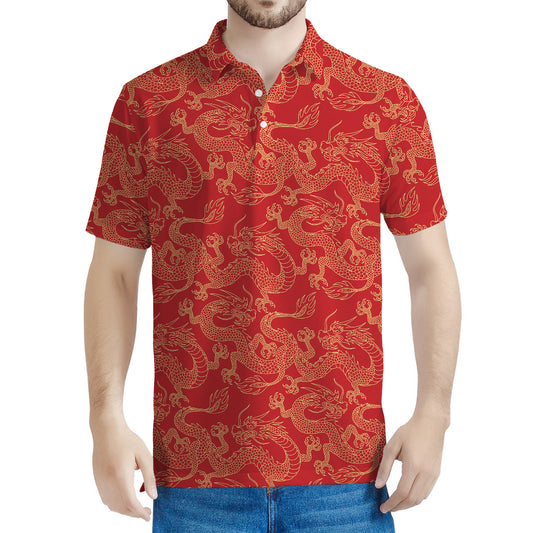 Traditional Chinese Dragon Pattern Print Men's Polo Shirt
