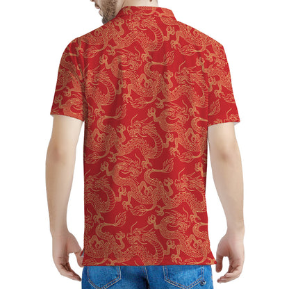 Traditional Chinese Dragon Pattern Print Men's Polo Shirt
