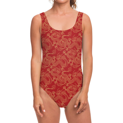 Traditional Chinese Dragon Pattern Print One Piece Swimsuit