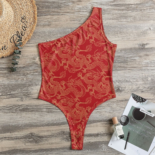 Traditional Chinese Dragon Pattern Print One Shoulder Bodysuit
