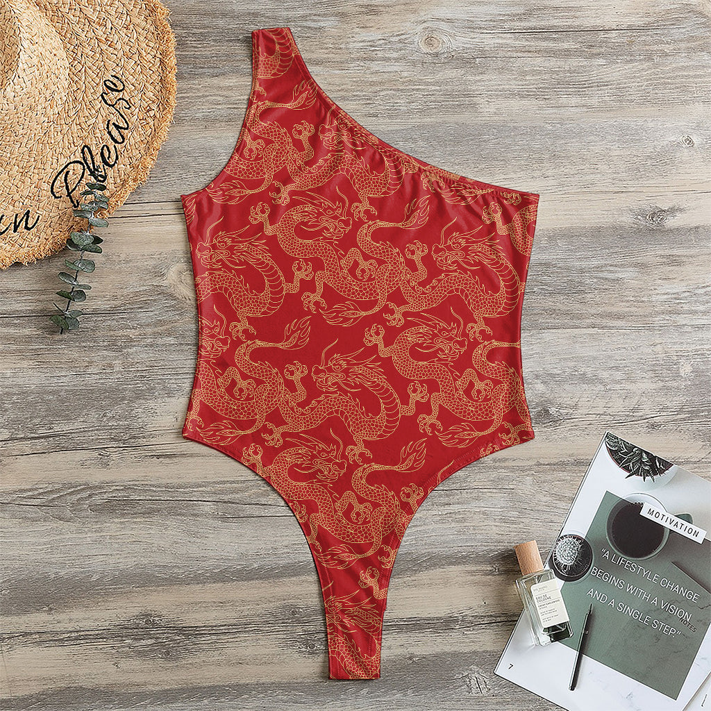 Traditional Chinese Dragon Pattern Print One Shoulder Bodysuit
