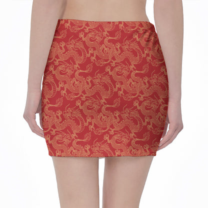 Traditional Chinese Dragon Pattern Print Pencil Mini Skirt