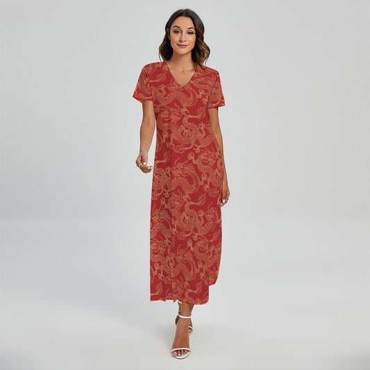 Traditional Chinese Dragon Pattern Print Short Sleeve Maxi Dress