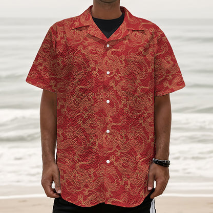 Traditional Chinese Dragon Pattern Print Textured Short Sleeve Shirt