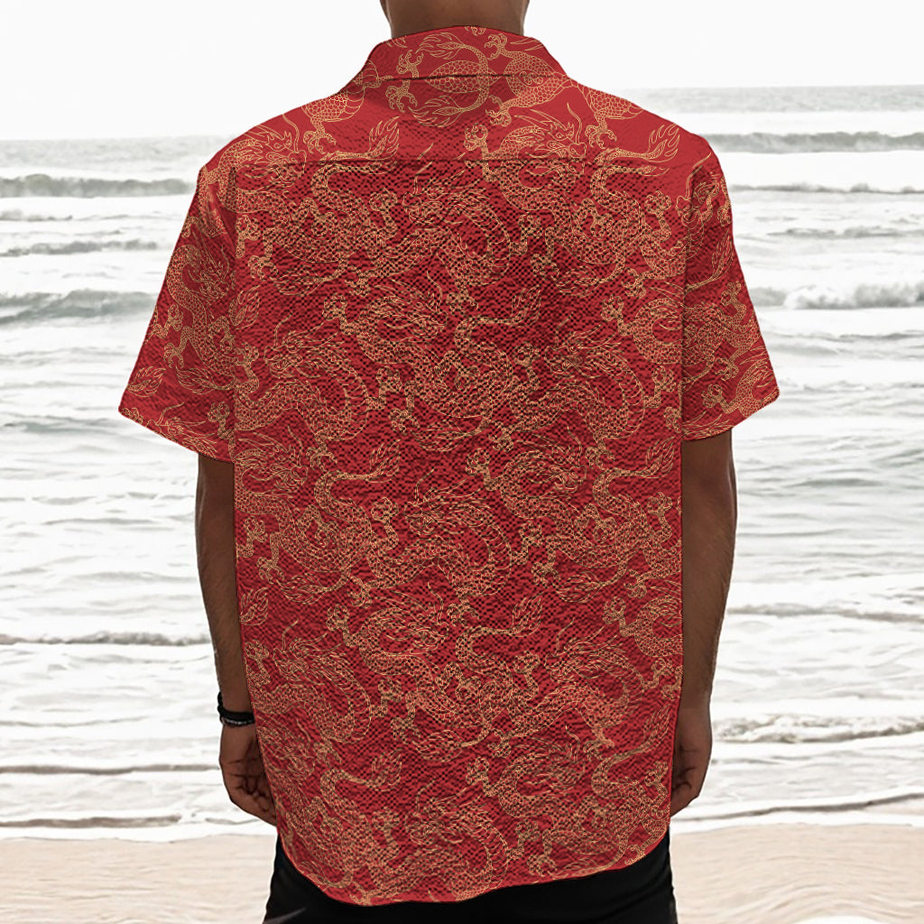 Traditional Chinese Dragon Pattern Print Textured Short Sleeve Shirt