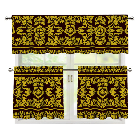 Traditional Thai Flower Pattern Print 3 Piece Kitchen Curtains
