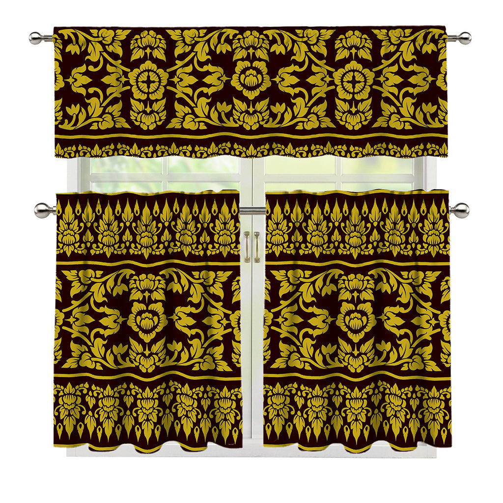 Traditional Thai Flower Pattern Print 3 Piece Kitchen Curtains