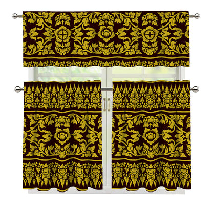 Traditional Thai Flower Pattern Print 3 Piece Kitchen Curtains
