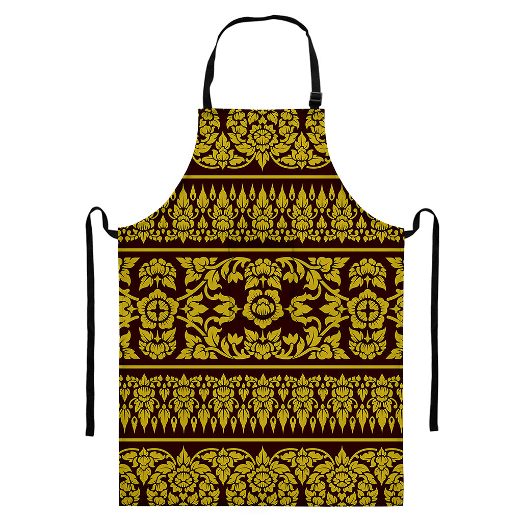 Traditional Thai Flower Pattern Print Bib Apron With Pocket