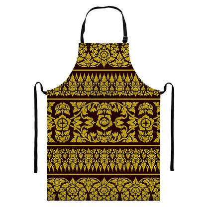 Traditional Thai Flower Pattern Print Bib Apron With Pocket