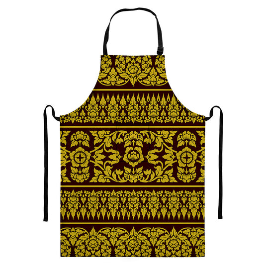 Traditional Thai Flower Pattern Print Bib Apron With Pocket