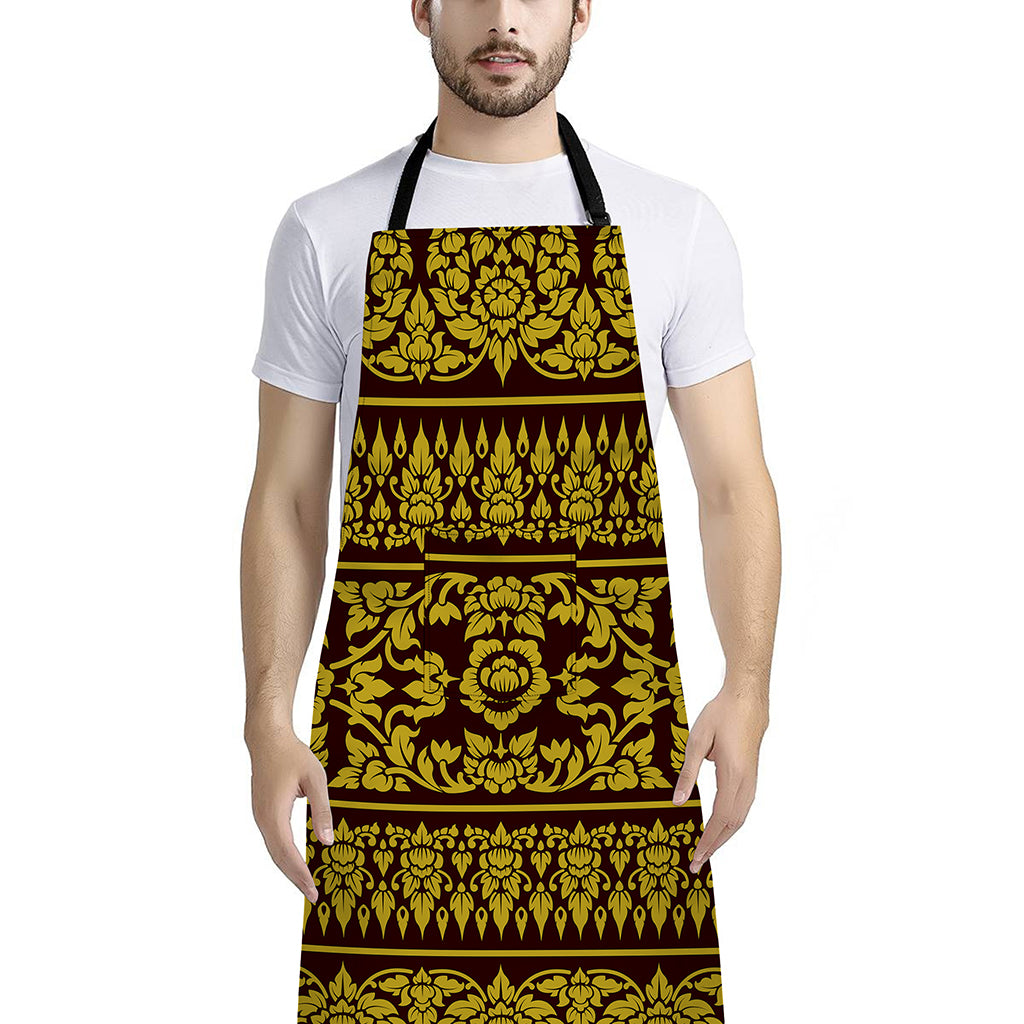 Traditional Thai Flower Pattern Print Bib Apron With Pocket