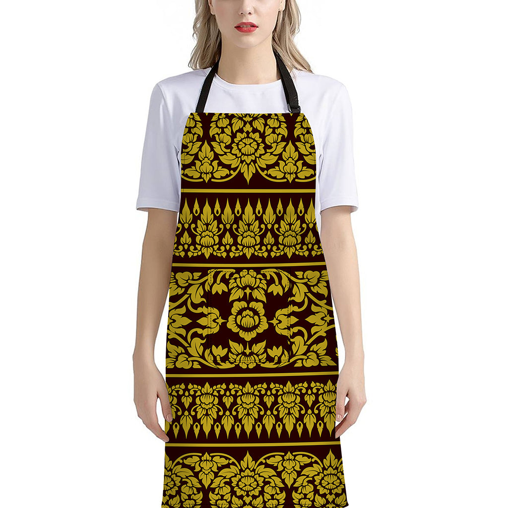 Traditional Thai Flower Pattern Print Bib Apron With Pocket