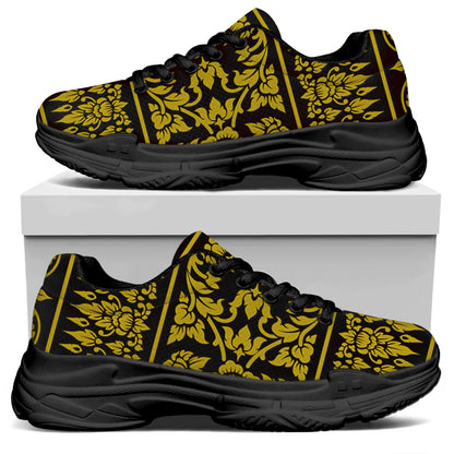 Traditional Thai Flower Pattern Print Black Chunky Shoes