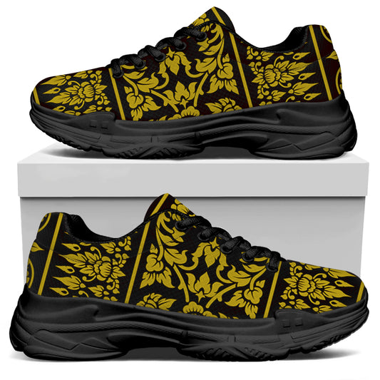 Traditional Thai Flower Pattern Print Black Chunky Shoes