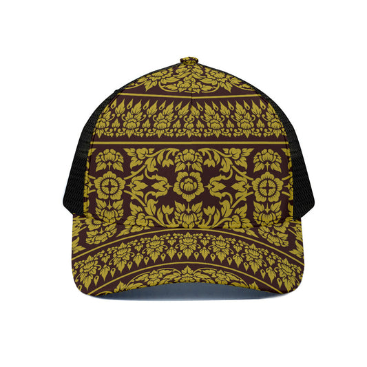 Traditional Thai Flower Pattern Print Black Mesh Trucker Cap