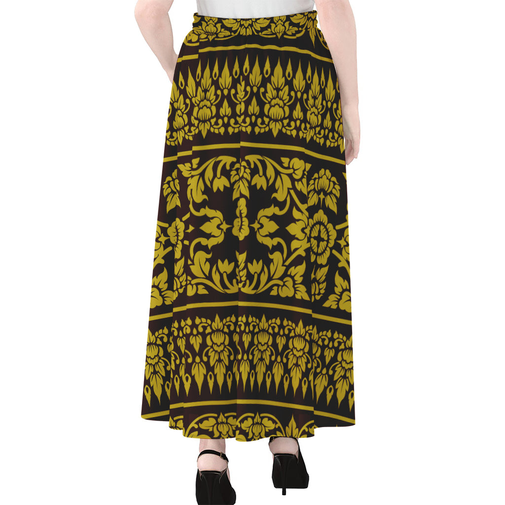 Traditional Thai Flower Pattern Print Chiffon Maxi Skirt