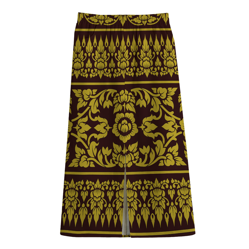 Traditional Thai Flower Pattern Print Cotton Front Slit Maxi Skirt