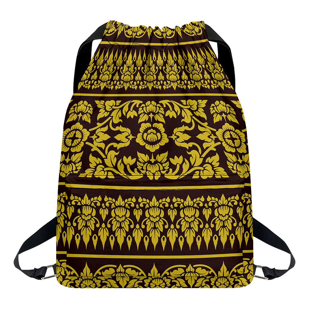 Traditional Thai Flower Pattern Print Drawstring Backpack