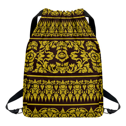 Traditional Thai Flower Pattern Print Drawstring Backpack
