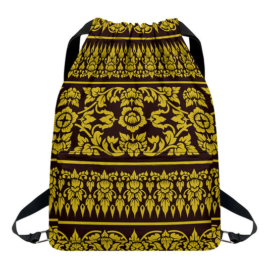 Traditional Thai Flower Pattern Print Drawstring Backpack