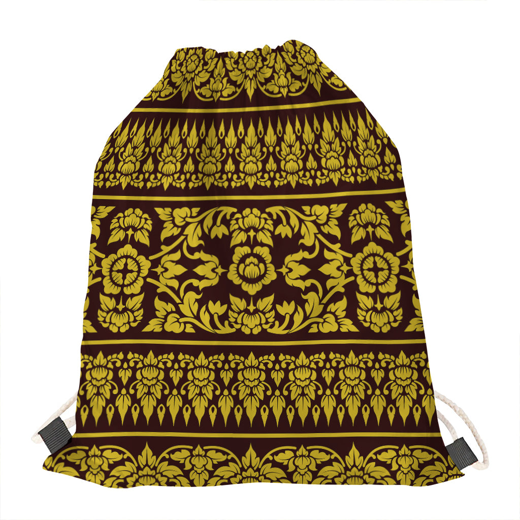 Traditional Thai Flower Pattern Print Drawstring Bag
