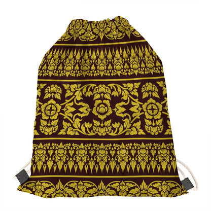 Traditional Thai Flower Pattern Print Drawstring Bag