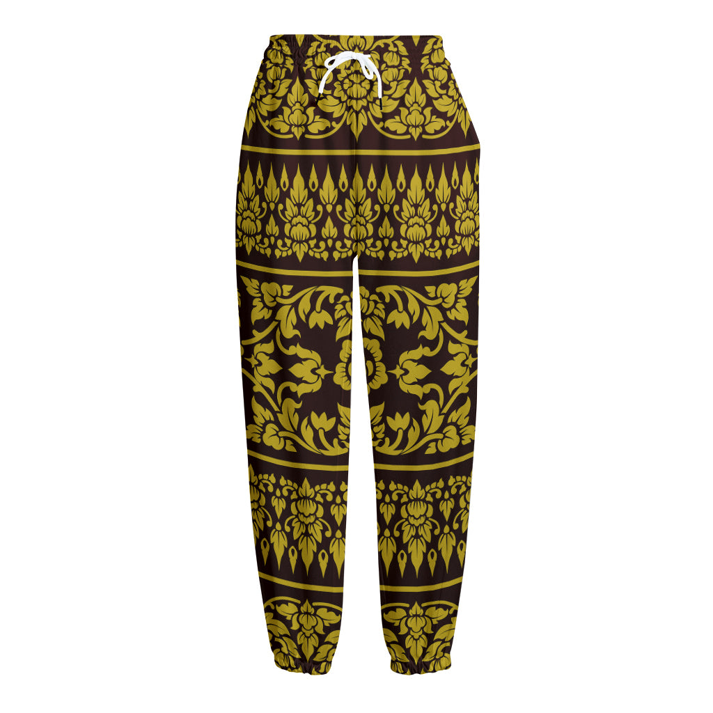 Traditional Thai Flower Pattern Print Fleece Lined Knit Pants