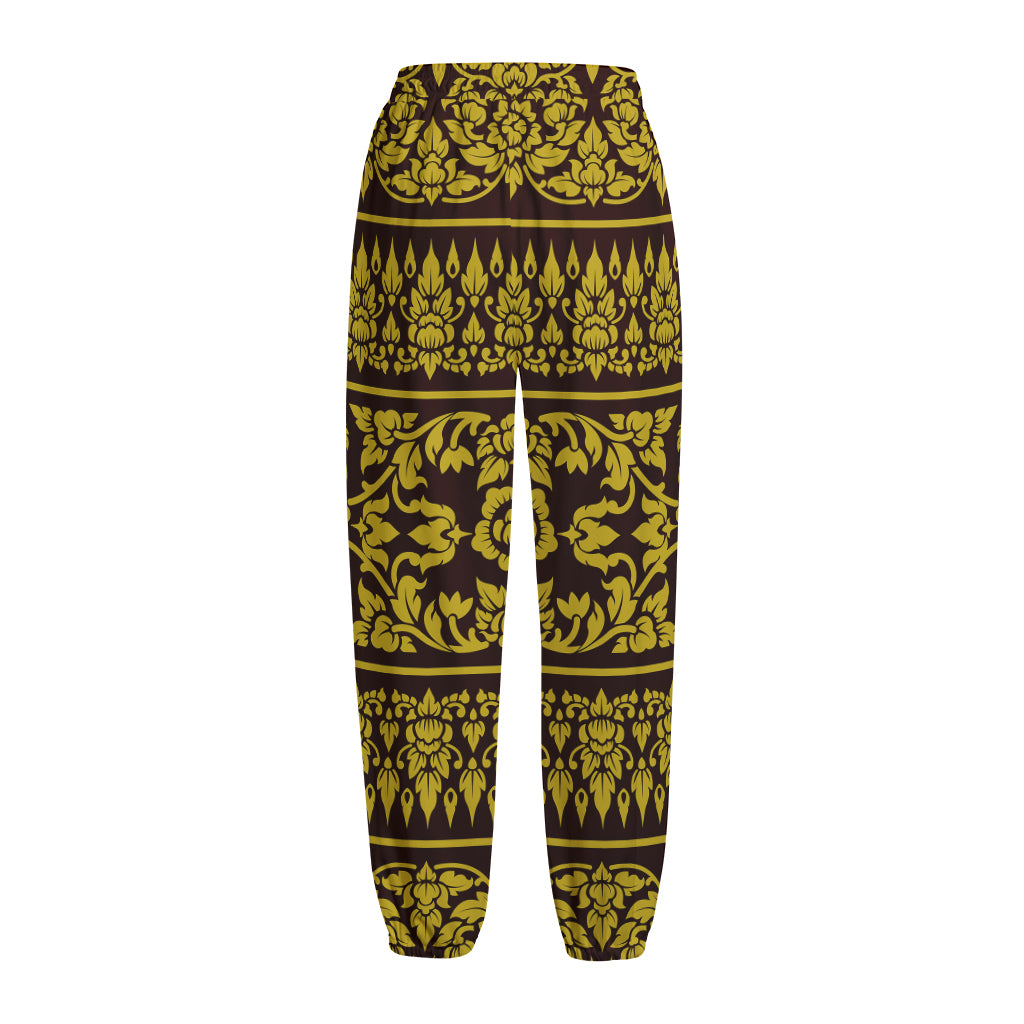 Traditional Thai Flower Pattern Print Fleece Lined Knit Pants