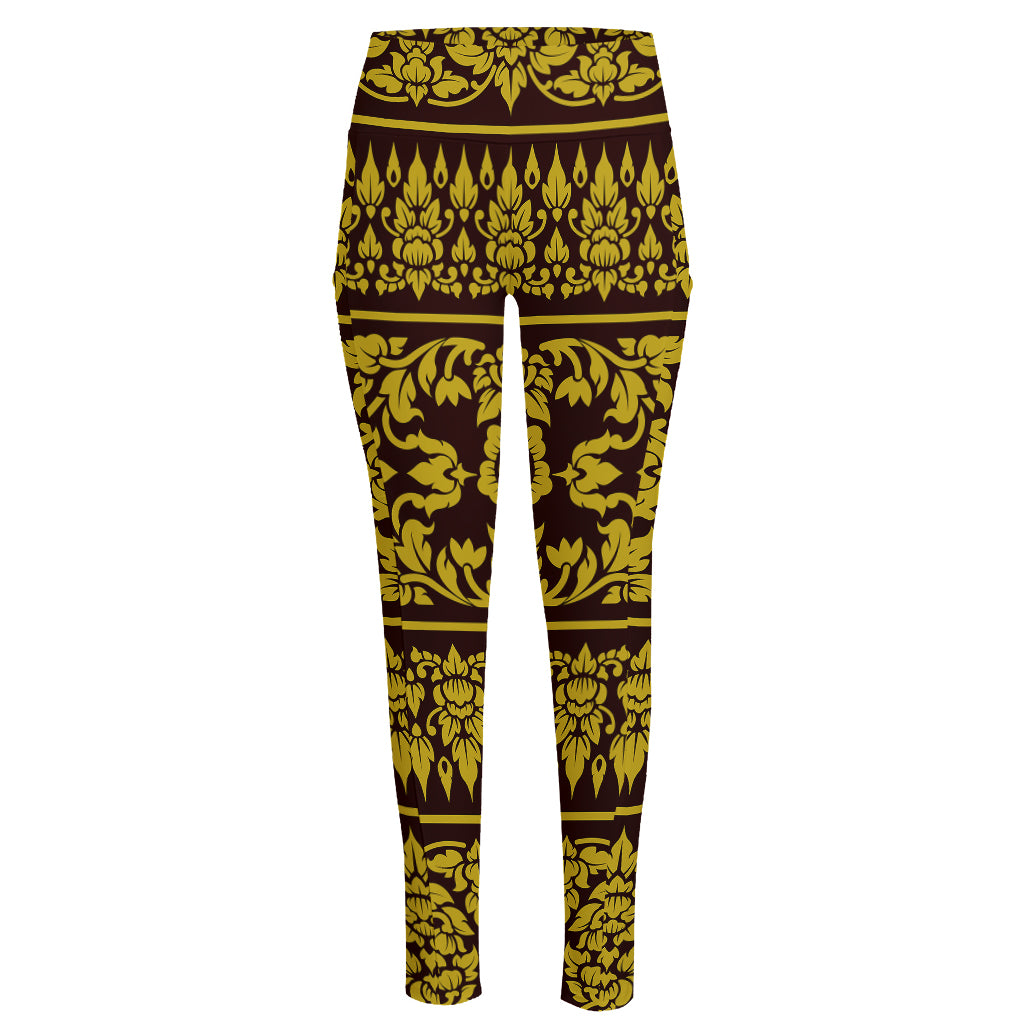 Traditional Thai Flower Pattern Print High-Waisted Pocket Leggings