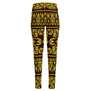 Traditional Thai Flower Pattern Print High-Waisted Pocket Leggings