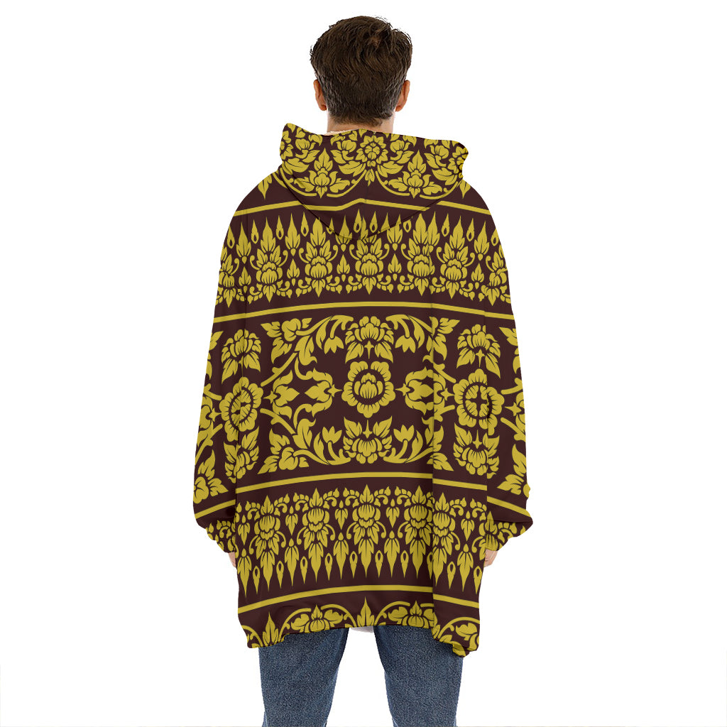 Traditional Thai Flower Pattern Print Hoodie Blanket